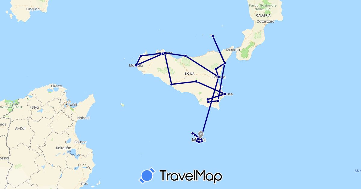 TravelMap itinerary: driving, plane in Italy, Malta (Europe)